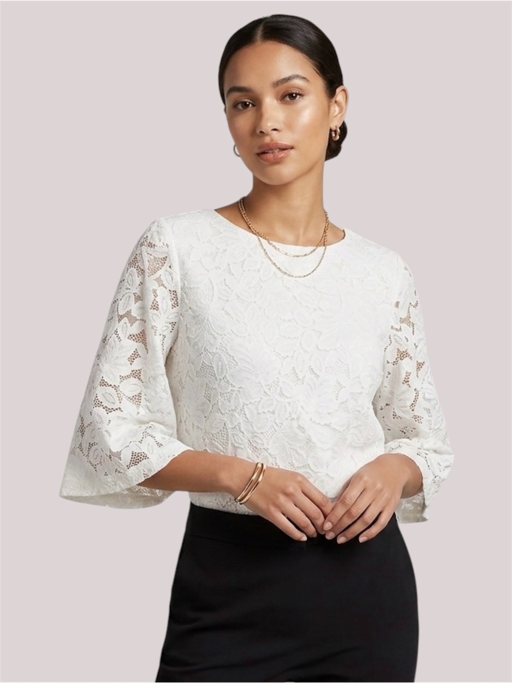 Banana Republic White Floral Lace Top Bell Sleeve Crew Neck Blouse Keyhole Sz S